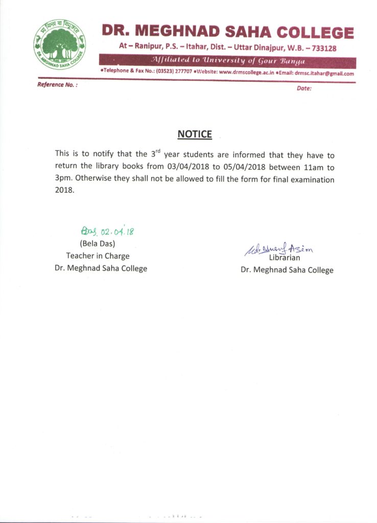 Notice Regarding library books return | Dr Meghnad Saha College